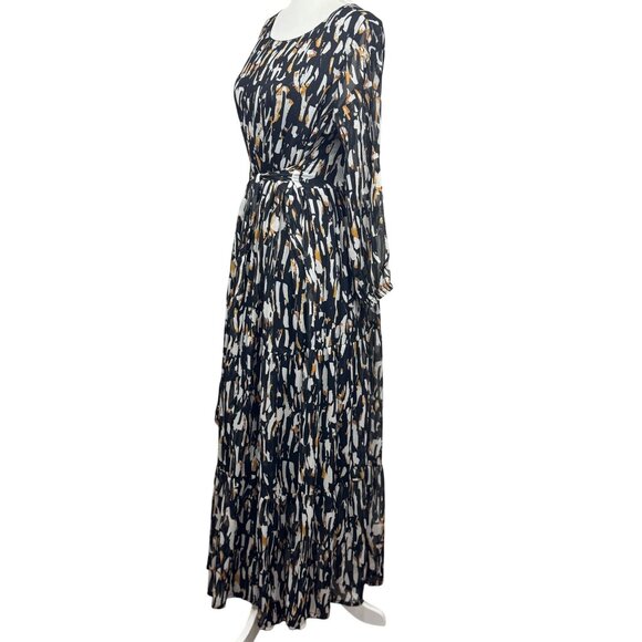 Abstract Print M/L Long Sleeve Maxi Dress Boho Tiered Chiffon Black Gold White - Picture 4 of 14